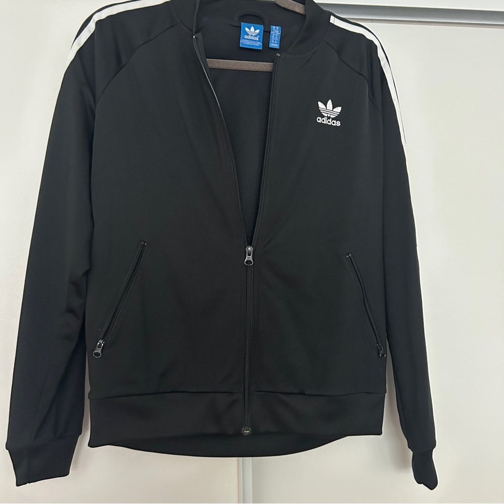 Adidas Black Track Jacket with White Stripes and Logo